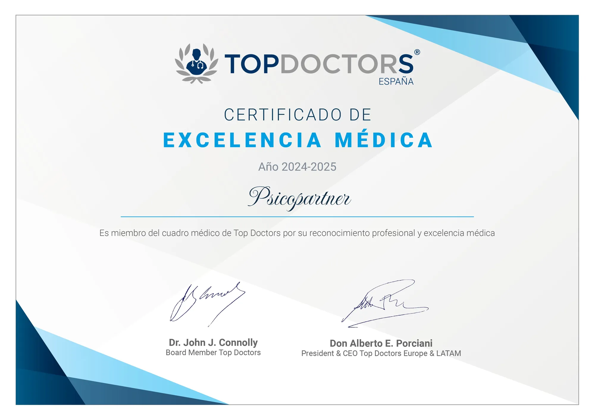 Home 8 Certificado de Excelencia Médica Top Doctors 2024-2025 de Psicopartner